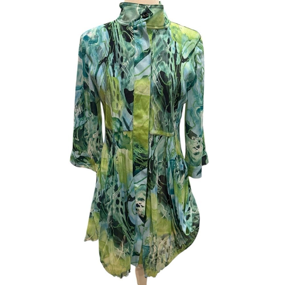 Lindi ARIA Collection Watercolor Green Button Drape Pleated Tunic Size L NWT